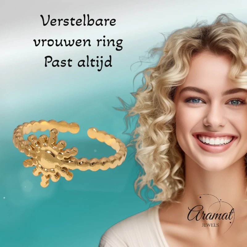 Stalen Verstelbare Open Ring - Zon & Dots - One Size - ring267 - 161598 - Ringen kopen