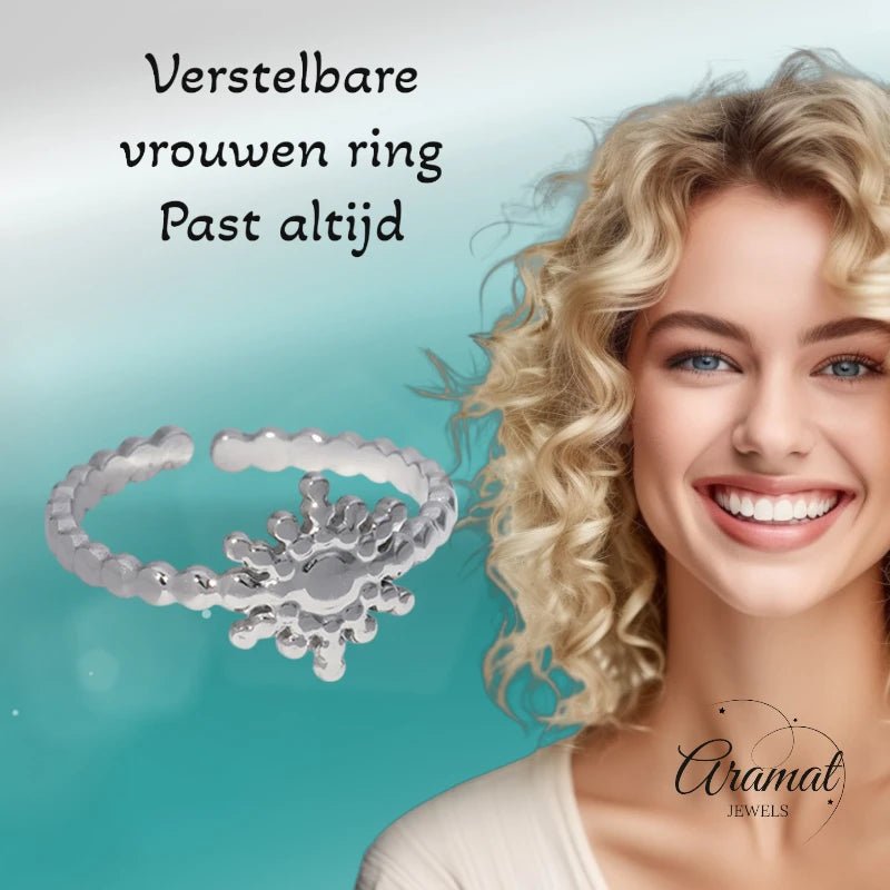 Stalen Verstelbare Open Ring - Zon & Dots - One Size - ring267 - 161598 - Ringen kopen