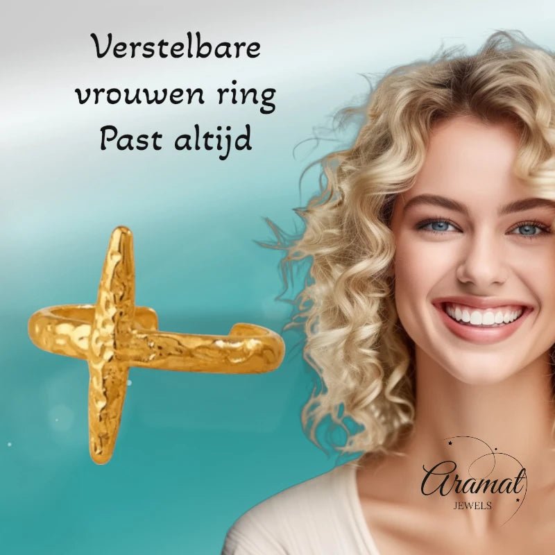 Stalen verstelbare ring - met motief en recht opstaande streep - ring230 - Ringen kopen# - Goudkleur - alles - boho