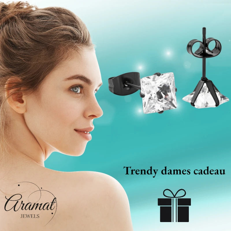 Oorbellen – RVS Zwartkleur met Vierkante Zirkonia (7mm)