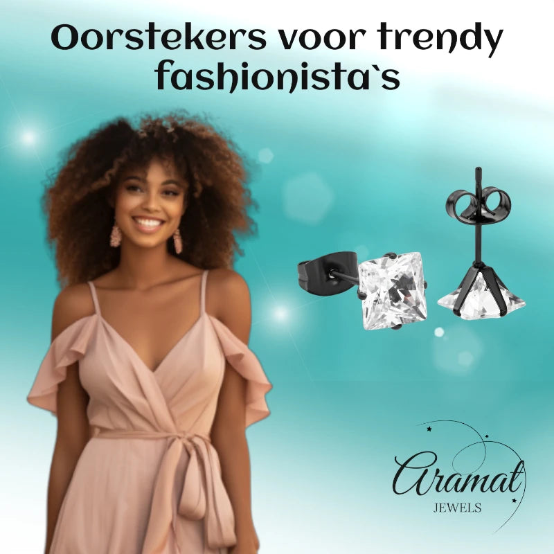 Oorbellen – RVS Zwartkleur met Vierkante Zirkonia (7mm)