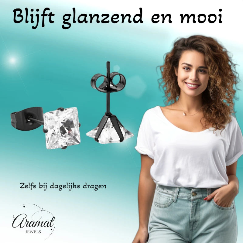 Oorbellen – RVS Zwartkleur met Vierkante Zirkonia (7mm)