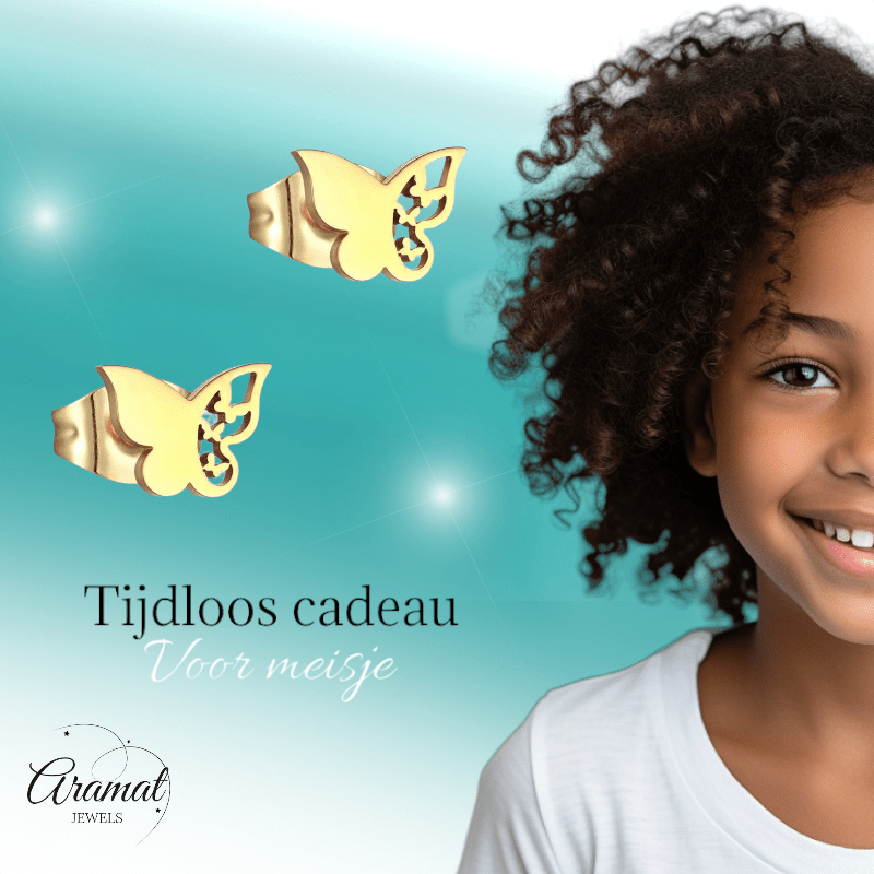 Stalen vlinder oorbellen – goudkleur – 7x10 mm - Aramat Jewels - Oorbellen - cadeautip