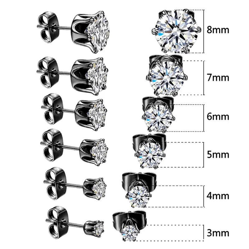 Roestvrijstalen oorbellen met zirkonia steentjes in verschillende maten van 3 mm tot 8 mm.