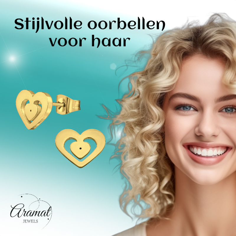 Goudkleurige hartjes oorstekers – 11x9mm RVS