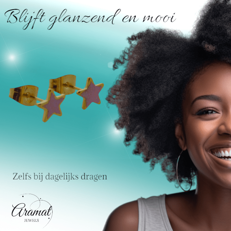 Ster Oorbellen - goudkleur - 6mm - Roze Emaille - Aramat Jewels - Oorbellen - cadeautip