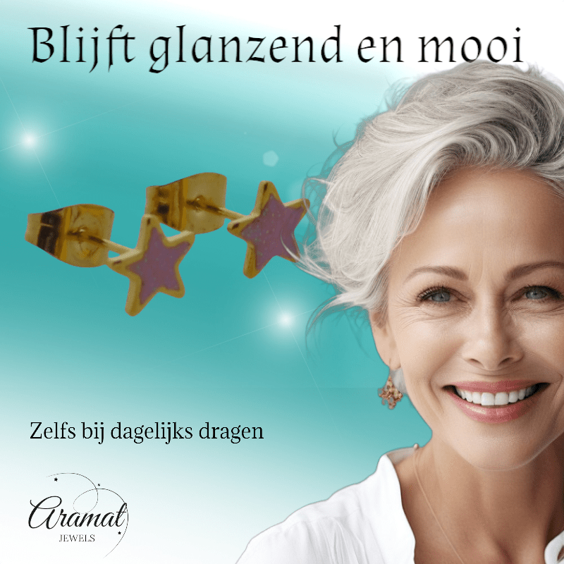 Ster Oorbellen - goudkleur - 6mm - Roze Emaille - Aramat Jewels - Oorbellen - cadeautip