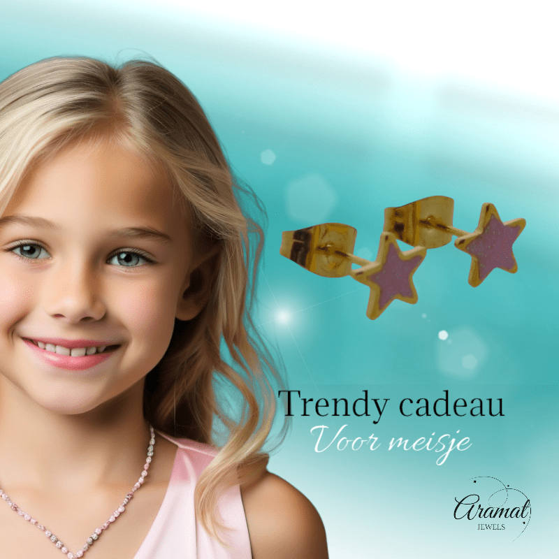 Ster Oorbellen - goudkleur - 6mm - Roze Emaille - Aramat Jewels - Oorbellen - cadeautip