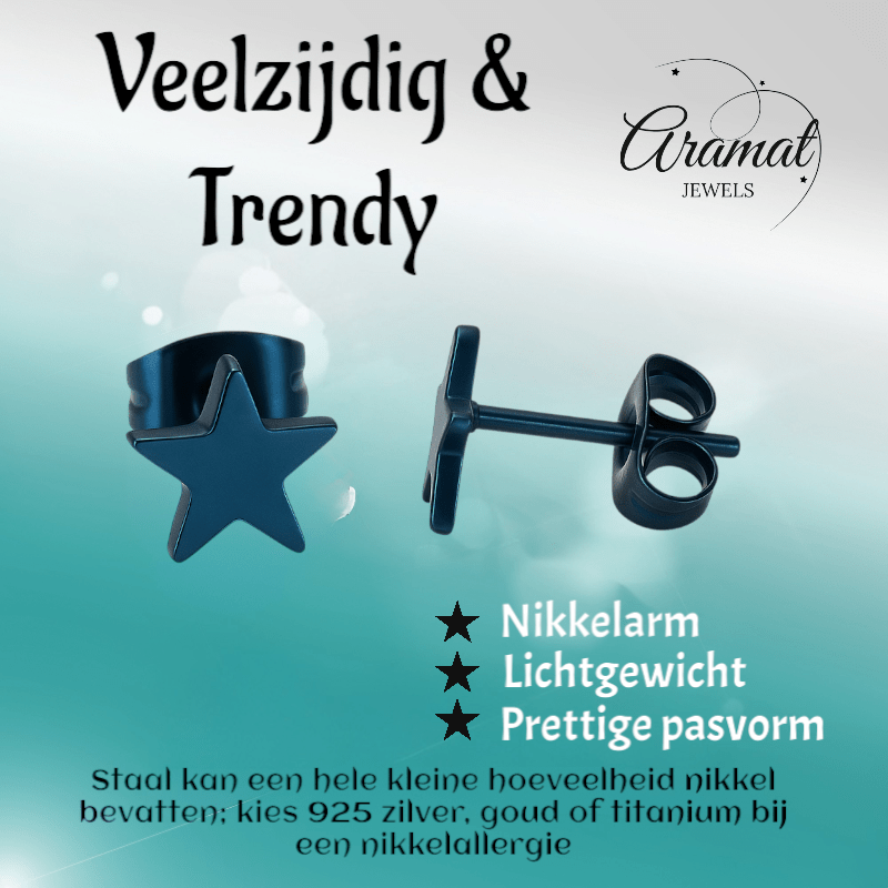 Ster oorstekers blauw RVS – 8mm opvallend - Aramat Jewels - Oorbellen - cadeautip
