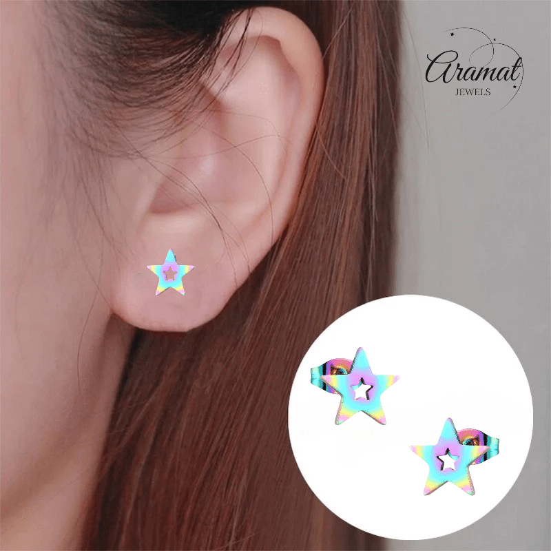 Ster oorstekers multikleur staal – 9mm uniek - Aramat Jewels - Oorbellen - cadeautip