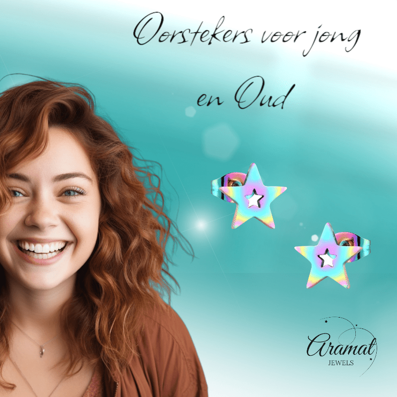 Ster oorstekers multikleur staal – 9mm uniek - Aramat Jewels - Oorbellen - cadeautip