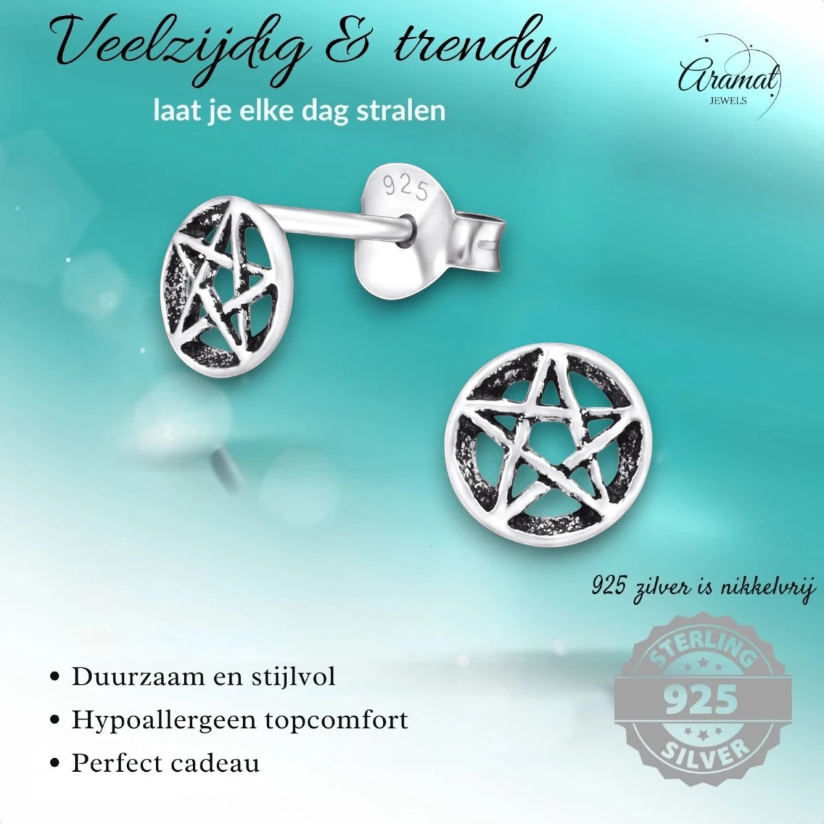 Sterling Zilveren Gotische Ster Oorknopjes Antieklook Rond 6mm - Aramat Jewels - Oorbellen - cadeautip