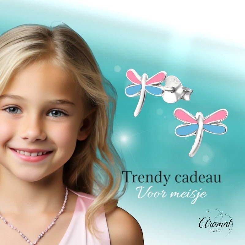 Sterling Zilveren Libelle Oorstekers Multicolor Emaille Roze Blauw 9x8mm - Aramat Jewels - Oorbellen - cadeautip