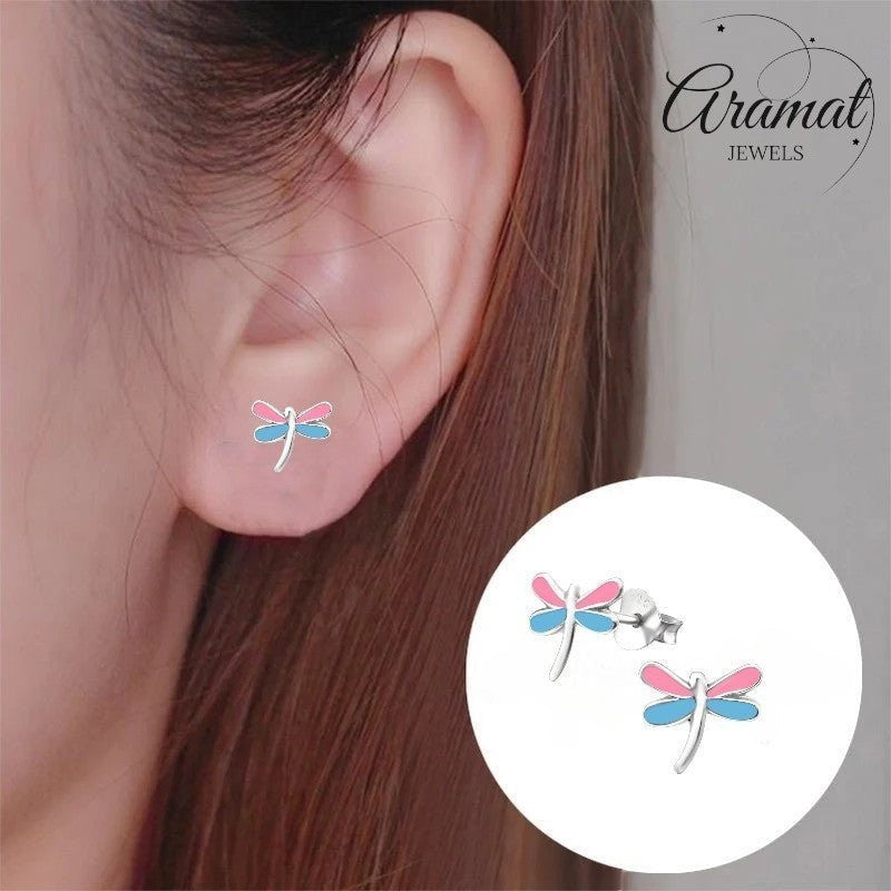 Sterling Zilveren Libelle Oorstekers Multicolor Emaille Roze Blauw 9x8mm - Aramat Jewels - Oorbellen - cadeautip