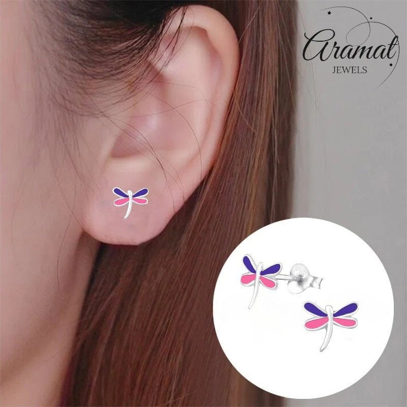 Sterling Zilveren Libelle Oorstekers Multicolor Emaille Roze Paars 9x8mm - Aramat Jewels - Oorbellen - cadeautip