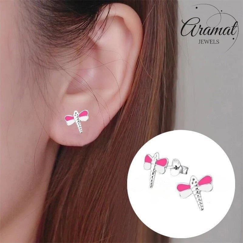Sterling Zilveren Libelle Oorstekers Roze en Wit Emaille 10x9mm - Aramat Jewels - Oorbellen - cadeautip