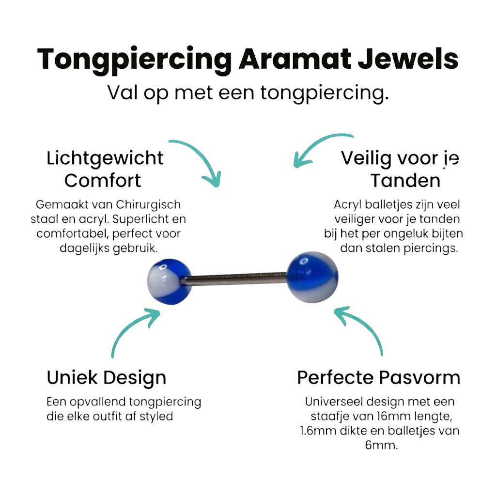 Aramat Jewels steel tongue piercing with white and blue acrylic balls. 16mm bar, 6mm balls, 1.6mm gauge.