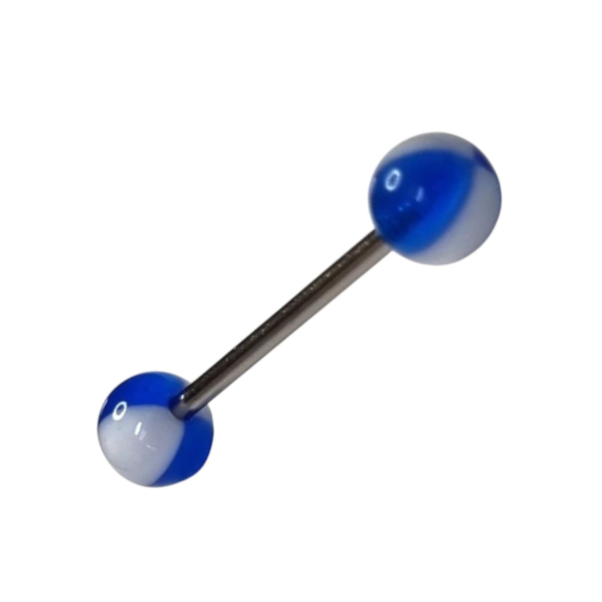 Aramat Jewels steel tongue piercing with white and blue acrylic balls. 16mm bar, 6mm balls.