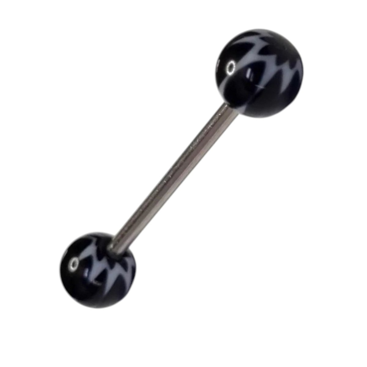 Aramat Jewels black and white acrylic marijuana leaf tongue piercing. Steel bar with acrylic balls.
