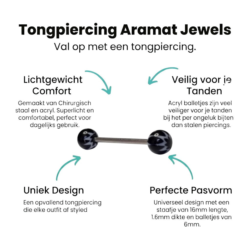 Aramat Jewels black and white acrylic cannabis leaf tongue piercing. Steel bar with acrylic balls.