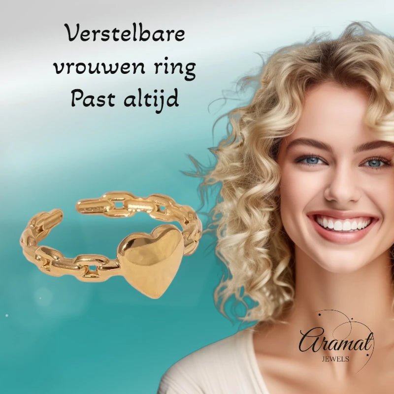 Stijlvolle Dames Schakelring met Hartje | 8mm - RVS - ring381 - Ringen kopen# - Goudkleur - alles - boho