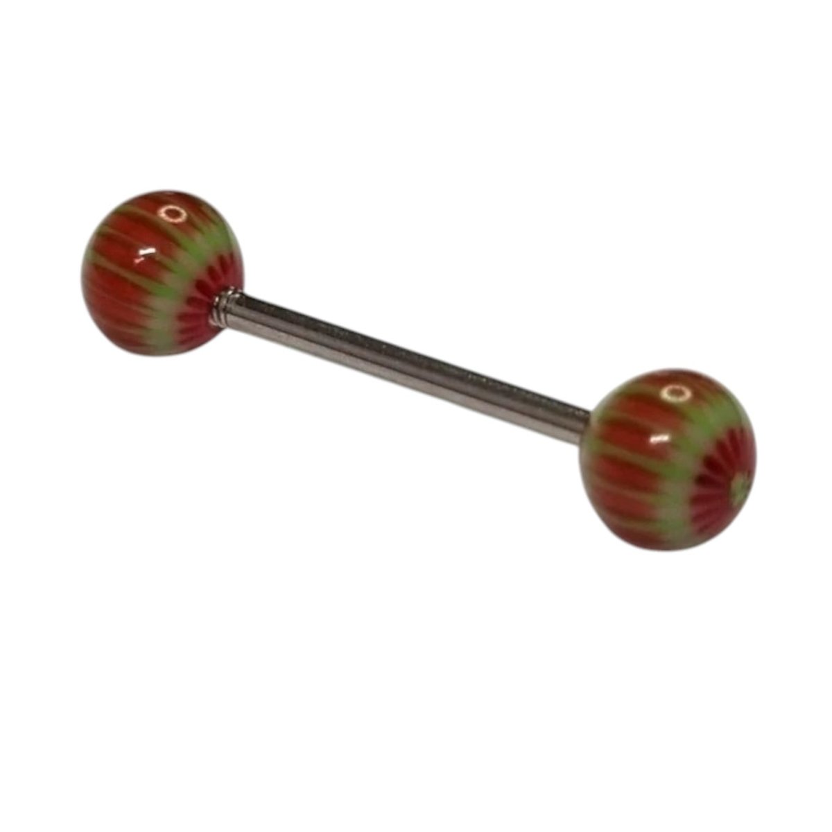 Een paar rood en groen gestreepte glazen bollen