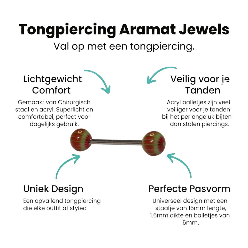 Aramat Jewels tongue piercing with red and green striped acrylic balls and a steel bar.