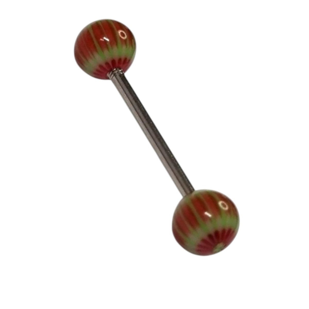 Aramat Jewels red and green striped acrylic tongue piercing with steel bar.