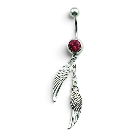 Stalen Navelpiercing Roze Kristal Vleugels Hanger – Zilverkleurig