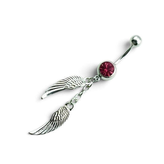 Stalen Navelpiercing Roze Kristal Vleugels Hanger – Zilverkleurig