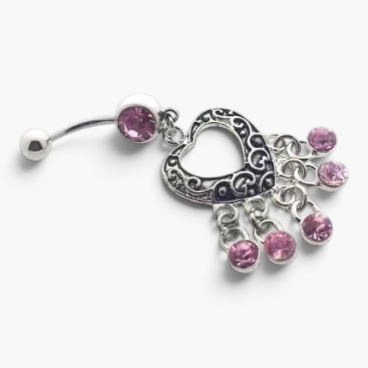 Piercing nombril en acier avec pierre en forme de cœur rose