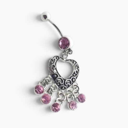 Stalen Navelpiercing Roze Kristal Hart Hanger – Zilverkleurig