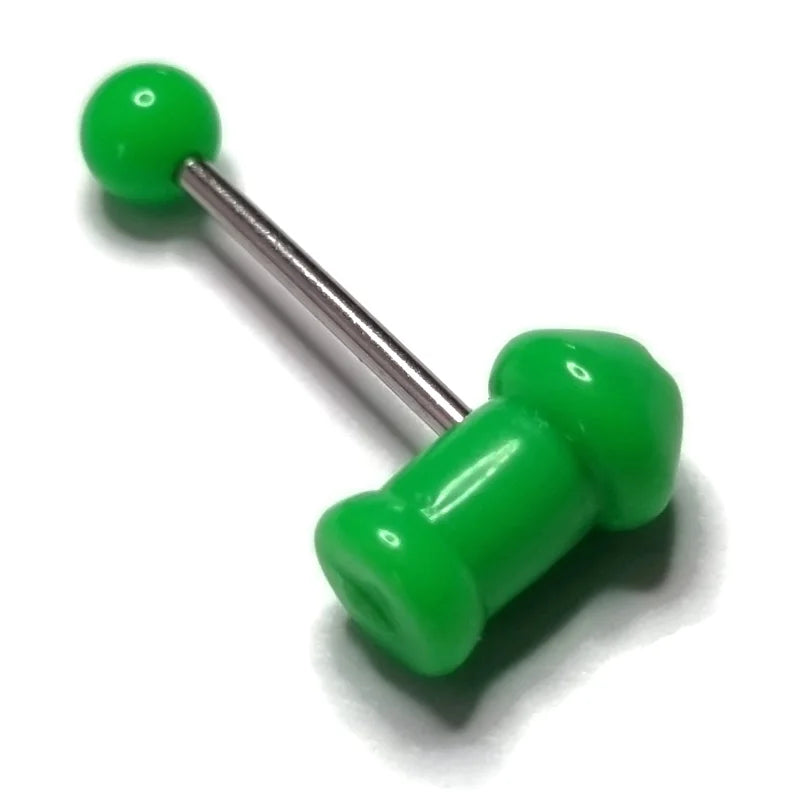 Een groene plastic dumb barbell met een metalen halter