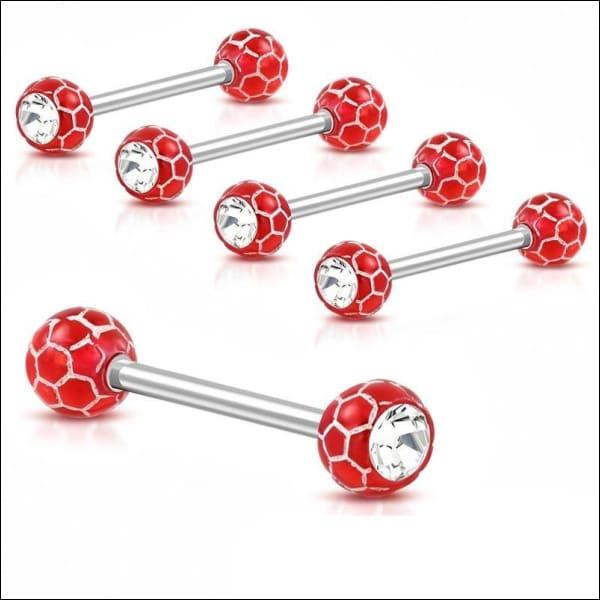 Rode Voetbal Bal Tepel Piercings - Stalen Tongpiercing Rood Met Zirkonia