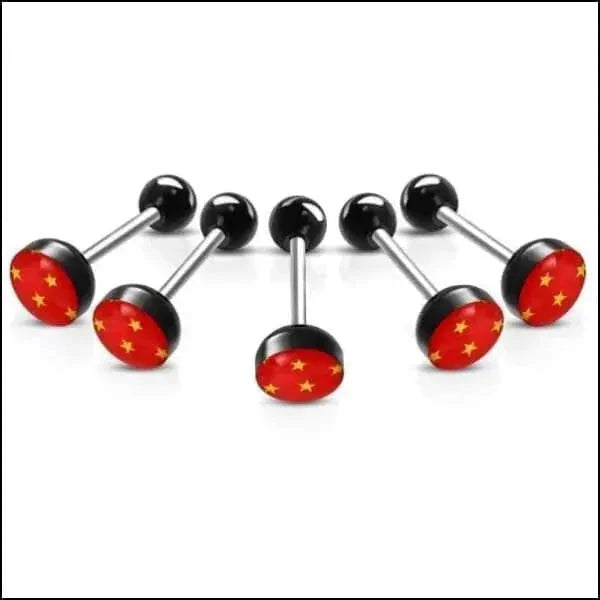 Stalen Tongpiercing met Acryl Logo Sterretjes-rood-geel | Lichaamssieraden