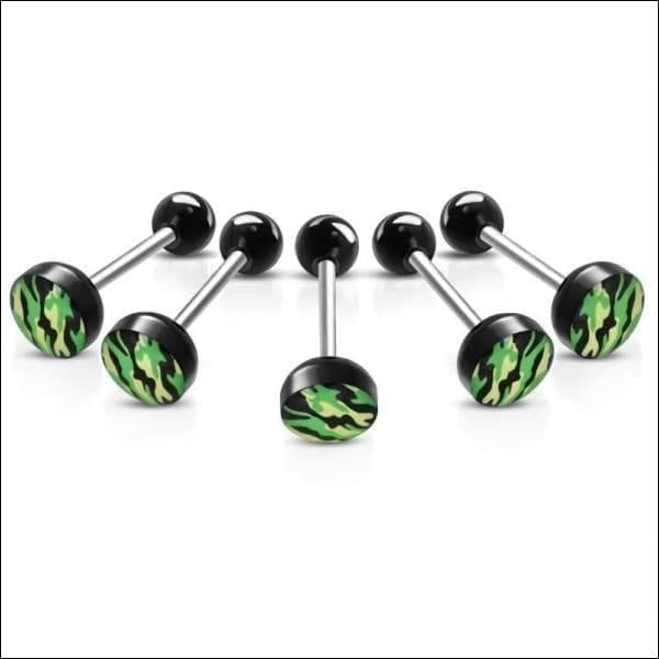 Tongpiercing Camouflage Print - Zes Groene En Zwarte Zebra Print Nep Tongpiercings.