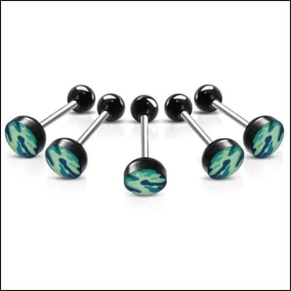 Zes Zwarte En Groene Camouflage Print Tongpiercings - Gratis Verzending.