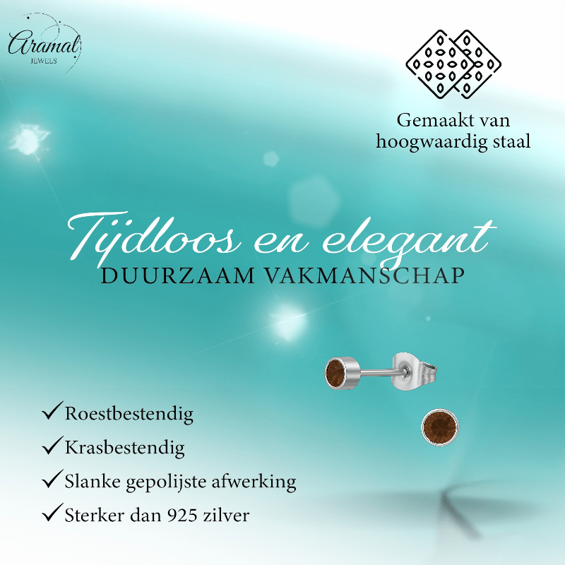 Topaasbruine kristal oorstekers – 4mm zilver RVS - Aramat Jewels - Oorbellen - cadeautip