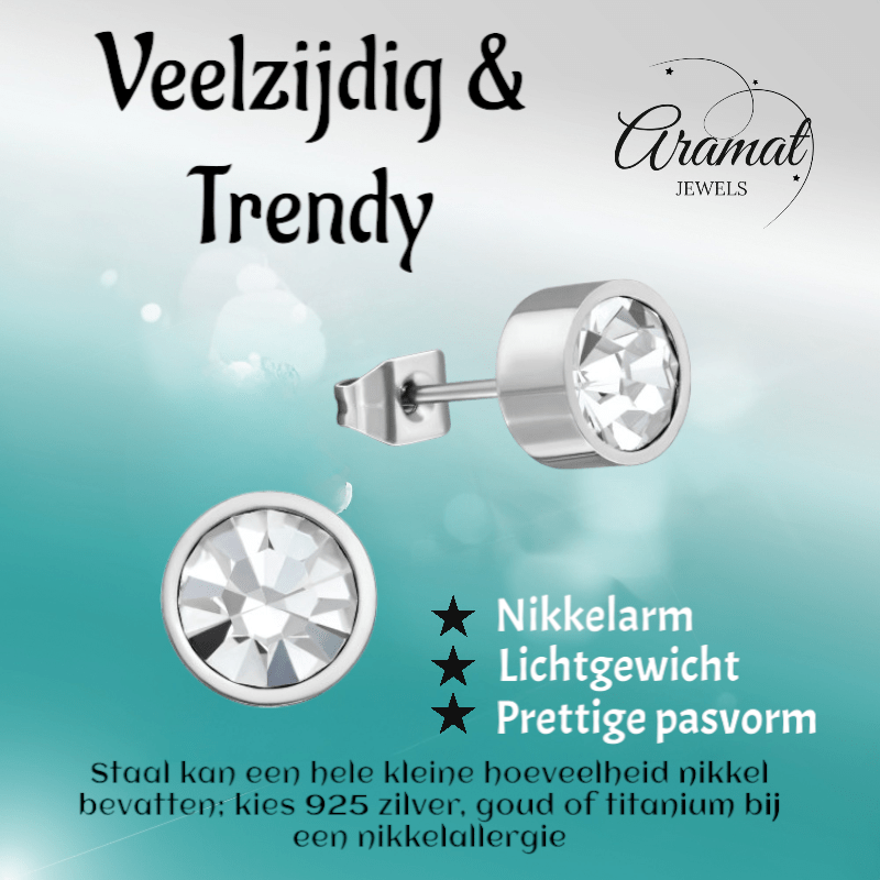 Transparante kristal oorstekers – 5mm zilver RVS - Aramat Jewels - Oorbellen - cadeautip