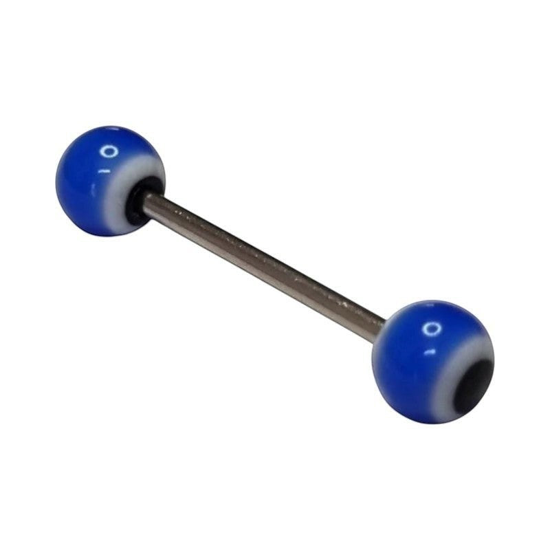 Een paar blauwe glazen bollen op een witte achtergrond