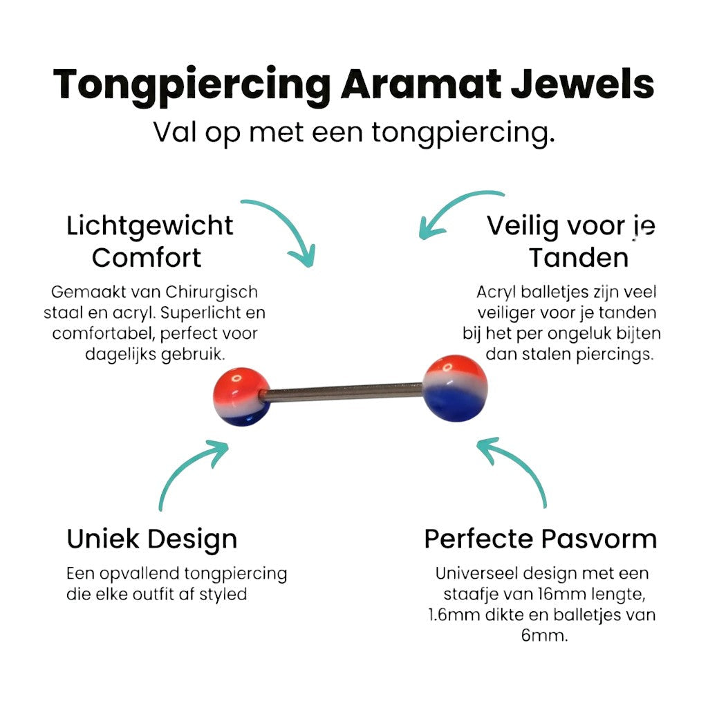 Aramat Jewels acrylic tongue piercing with red, white, and blue striped balls. Features a 16mm steel barbell.
