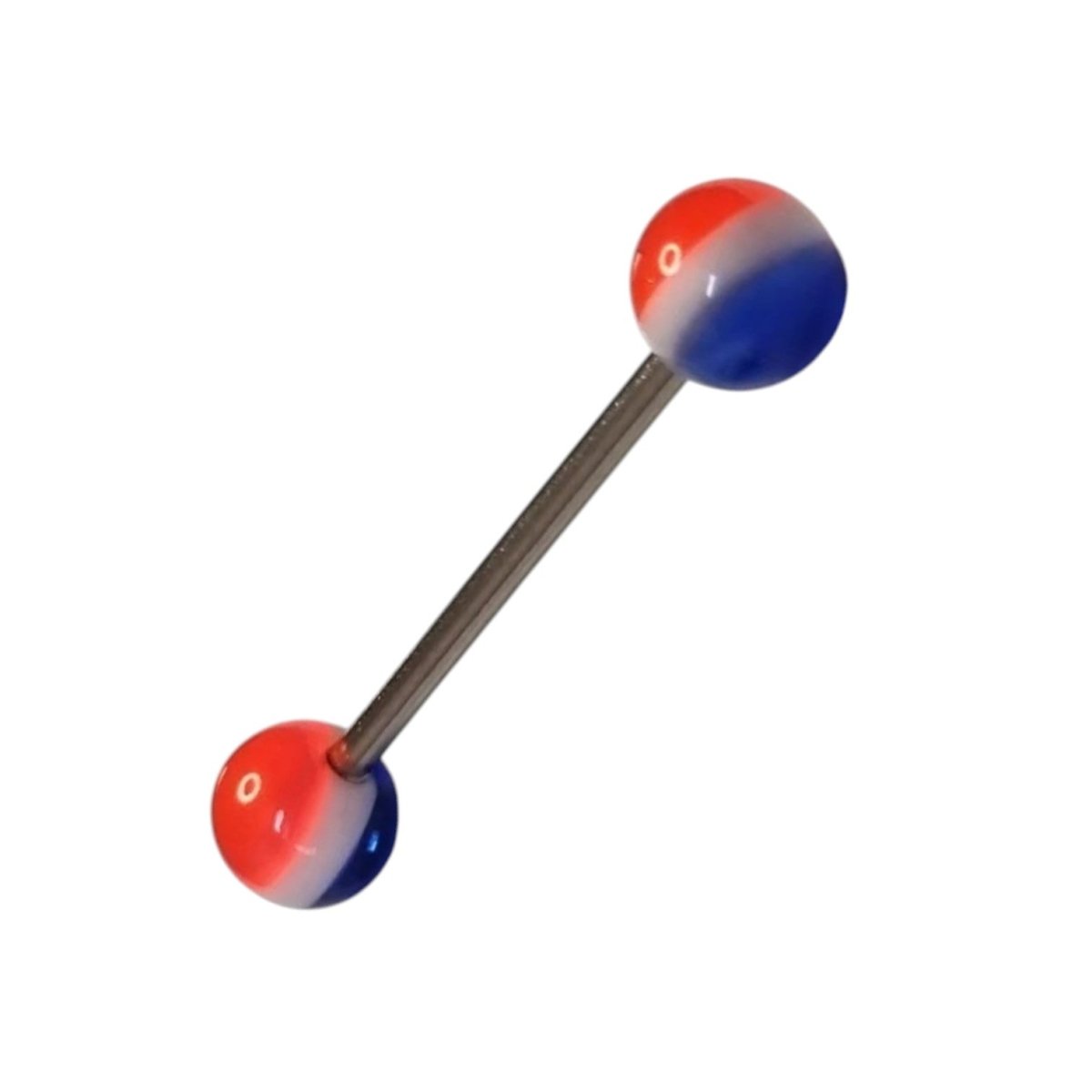 Aramat Jewels acrylic tongue piercing with red, white, and blue striped balls. Steel barbell.
