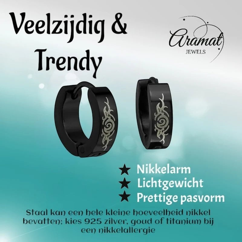 Tribal Huggies - Zwarte Oorringetjes van RVS - oor2288 - 840 - Oorringen kopen