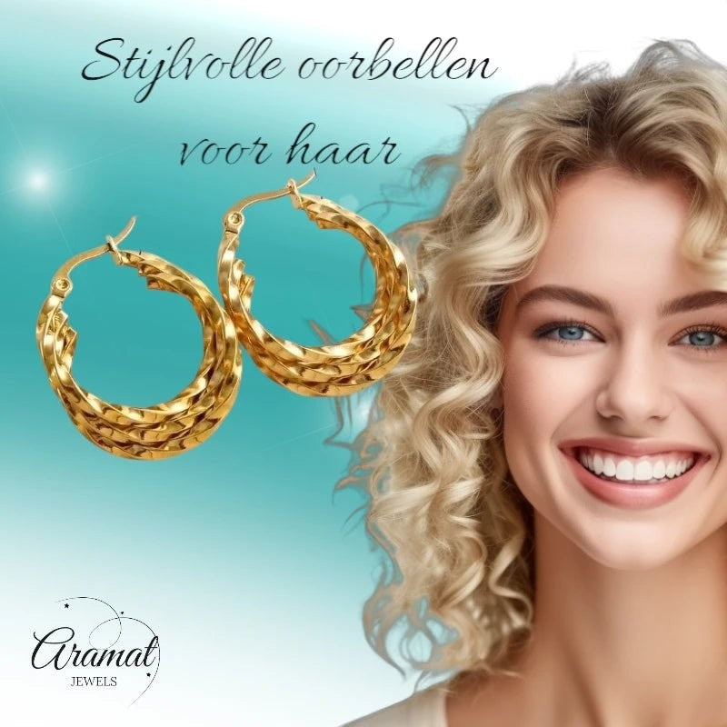 Triple Gedraaide Oorringen Rond Goudkleurig - 25x7mm - oor6290 - 538785 - Oorringen kopen# - 25mm - alles - cadeau