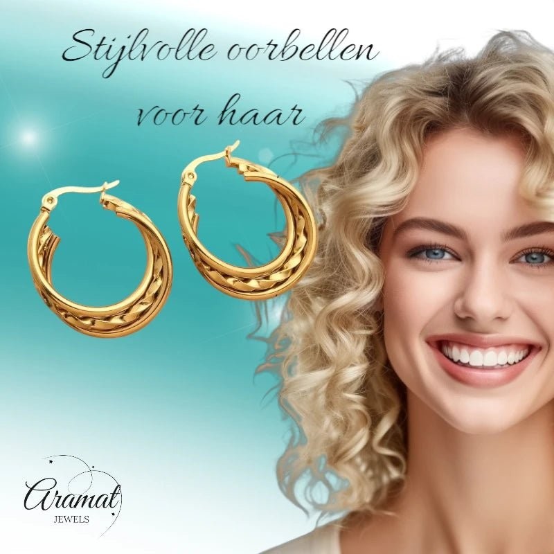 Triple Goudkleurige Oorringen 30x7,5mm – 2 Glad & 1 Gedraaid - oor6291 - 647258 - Oorringen kopen# - 30mm - alles - cadeau