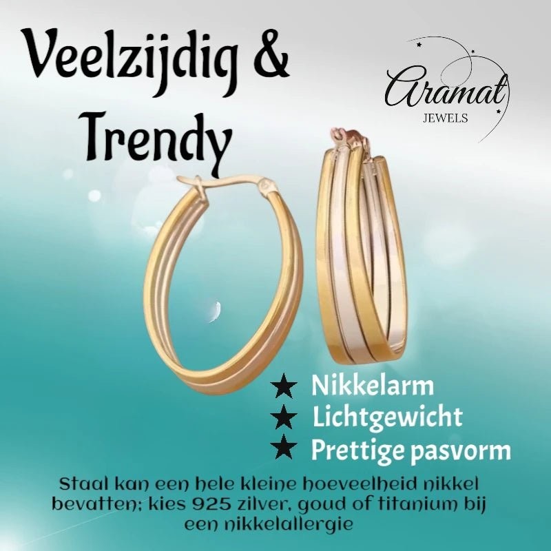Triple Oorringen Ovaal 35x9mm - Goud & Zilver - oor6285 - 49846 - Oorringen kopen# - 35mm - alles - bicolor