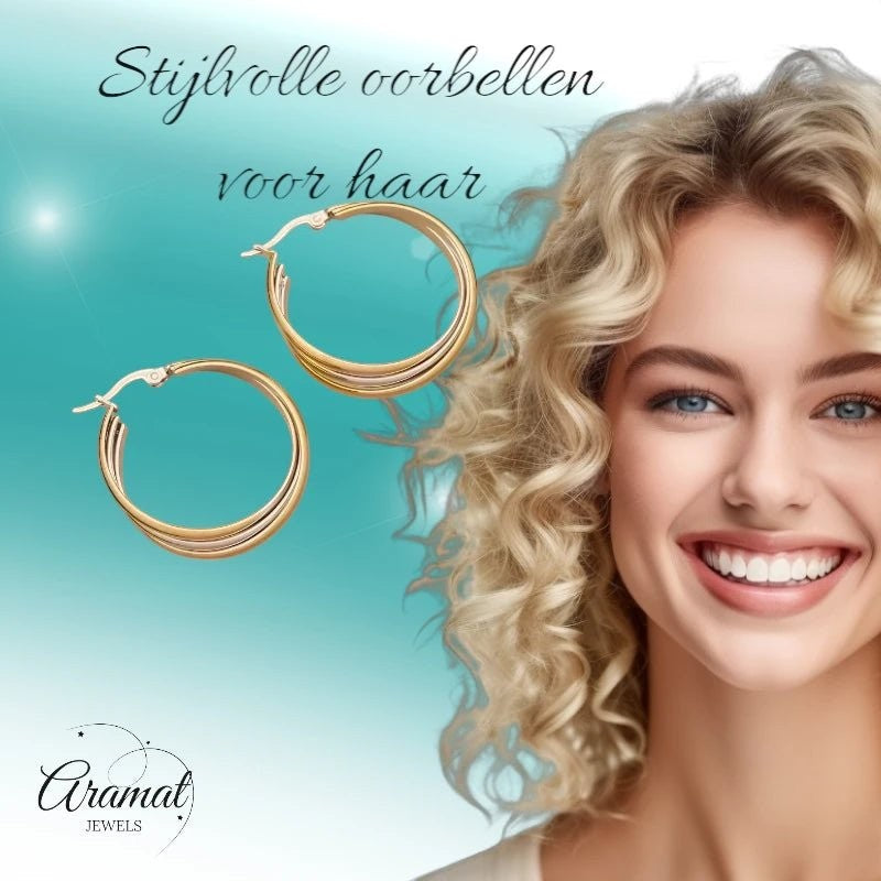 Triple Oorringen Rond Gekruist Bicolor - 35x15mm - oor6286 - 49845 - Oorringen kopen# - 35mm - alles - bicolor