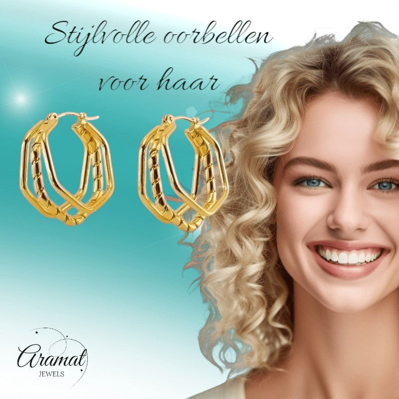 Triple RVS Oorringen Swirl Design 30x28mm - Goudkleurig - oor6370 - 69934 - Oorringen kopen# - 30mm - alles - cadeau