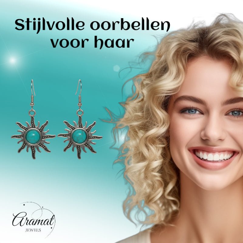 Turquoise Boho Oorhangers Zonvorm Antiek Zilver - Aramat Jewels - Oorhangers - cadeautip