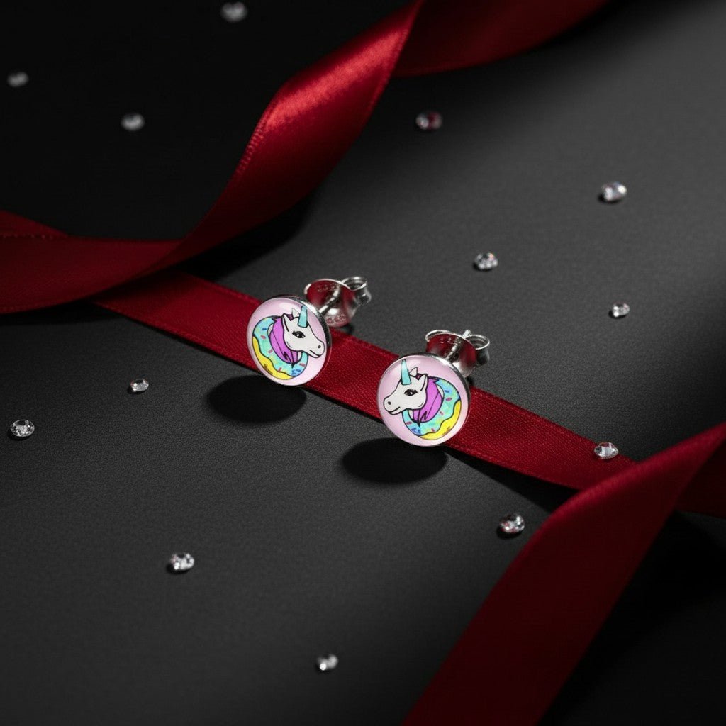 Aramat Jewels silver unicorn stud earrings with colorful donut design for kids, 7mm.
